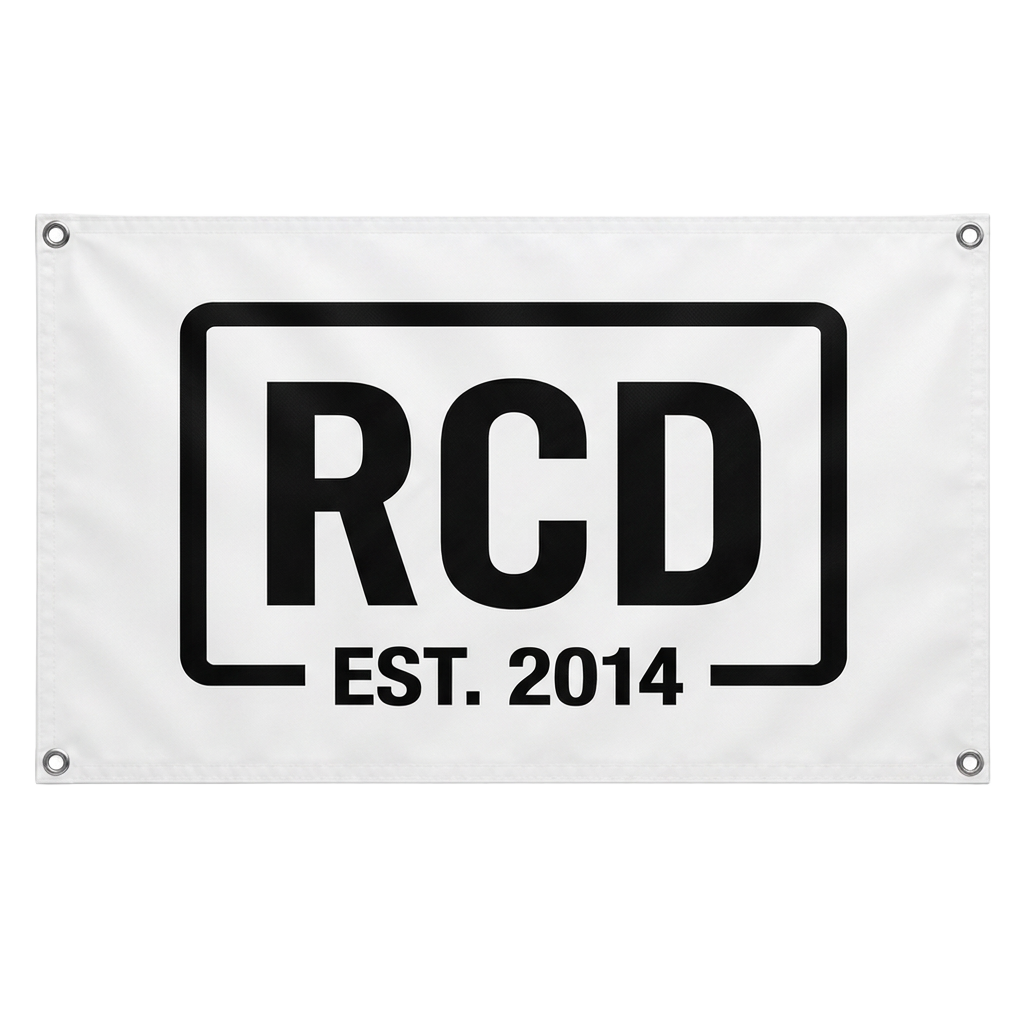 White vinyl banner printed with the RCD logo